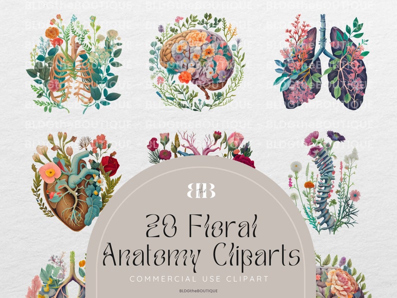 May include: 20 floral anatomy clip art images. The images feature various human organs, such as the heart, lungs, brain, and spine, surrounded by colorful flowers and greenery.