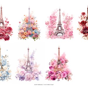 May include: Six digital illustrations of the Eiffel Tower surrounded by watercolor flowers. The flowers are in various colors, including pink, red, blue, and purple.