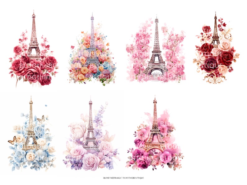 May include: Six digital illustrations of the Eiffel Tower surrounded by watercolor flowers. The flowers are in various colors, including pink, red, blue, and purple.