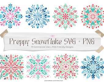 Preppy Pastel Snowflake SVG Files for Cricut, Christmas Sublimation, PNG Bundle, Clipart Digital Files, Commercial Use Clip Art, .svg .png