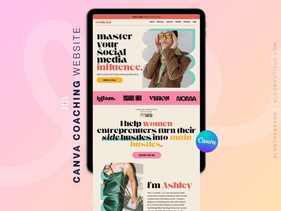 Canva Coaching Website Template, Retro Social Media Manager, Life Coach Agency, Influencer, VA, Bold Sales Funnel, Abstract One Page Website