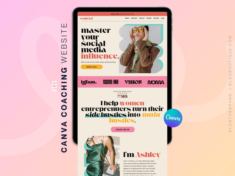 Canvaコーチングウェブサイトテンプレート、レトロなソーシャルメディアマネージャー、ライフコーチエージェンシー、インフルエンサー、VA、大胆なセールスファネル、抽象的なワンページウェブサイト 画像 1