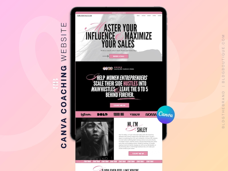 Canvaコーチングウェブサイトテンプレート（大胆なデザイン）、ソーシャルメディアマネージャー、ライフコーチ、エージェンシー、UGC、インフルエンサー、VA、セールスファネル、ワンページウェブサイト 画像 1