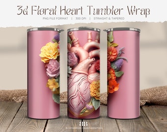 3d Floral Heart Tumbler Wrap Sublimation Design, Nurse Gift, Flower Anatomy, 20oz Skinny Straight PNG, Instant Digital Download, Anatomical