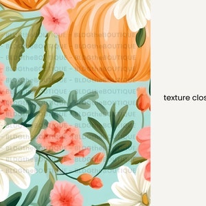 May include: A seamless pattern featuring a light blue background with orange pumpkins, white flowers, and pink flowers. The flowers are in various stages of bloom, with some fully open and others in bud.