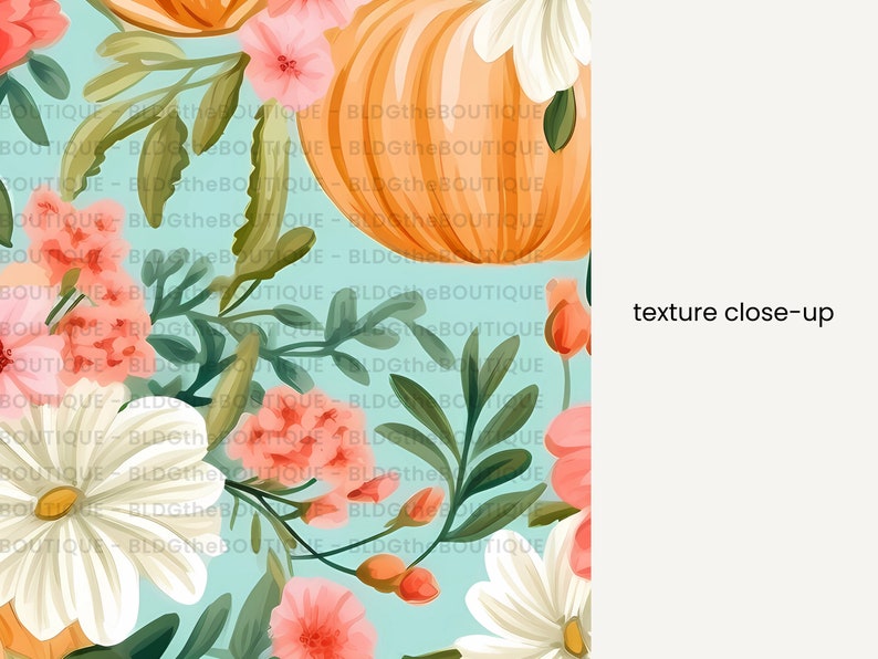 May include: A seamless pattern featuring a light blue background with orange pumpkins, white flowers, and pink flowers. The flowers are in various stages of bloom, with some fully open and others in bud.