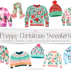 Preppy Christmas PNG, Ugly Christmas Sweater Clipart, Winter Wonderland Clip Art, Scarf, Beanie, Pink, Pastel Watercolor Holiday Sublimation