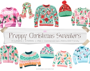 Preppy Christmas PNG, Ugly Christmas Sweater Clipart, Winter Wonderland Clip Art, Scarf, Beanie, Pink, Pastel Watercolor Holiday Sublimation