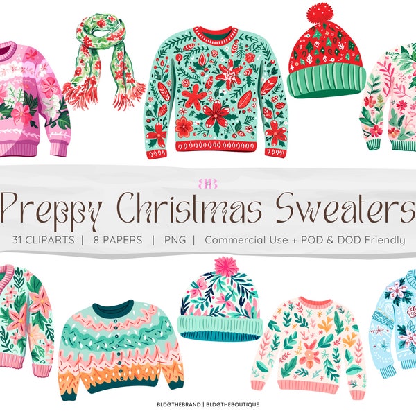 Preppy Christmas PNG, Ugly Christmas Sweater Clipart, Winter Wonderland Clip Art, Scarf, Beanie, Pink, Pastel Watercolor Holiday Sublimation