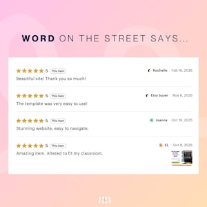 以下が含まれることがあります： 「WORD ON THE STREET SAYS...」というテキストと顧客レビューが記載されたグラフィック。レビューには「美しいサイト！」や「素晴らしいウェブサイト」などのフレーズが含まれています。グラフィックには、Etsyの販売者のウェブサイトも含まれています。