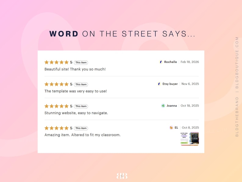 以下が含まれることがあります： 「WORD ON THE STREET SAYS...」というテキストと顧客レビューが記載されたグラフィック。レビューには「美しいサイト！」や「素晴らしいウェブサイト」などのフレーズが含まれています。グラフィックには、Etsyの販売者のウェブサイトも含まれています。