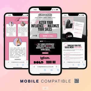 以下が含まれることがあります： ピンクと白の配色でウェブサイトを表示する3台のスマートフォン。ウェブサイトは、女性起業家のためのソーシャルクラブを宣伝し、影響力と売上を最大化するためのリソースを提供しています。「MOBILE COMPATIBLE」というテキストが一番下にあります。