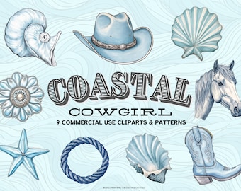 Coastal Cowgirl Clipart, Western Clip Art, PNG Files, Seashells, Beach, Cowgirl Boots, Cowgirl hat, Commercial use license, POD, Blue