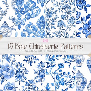 Naadloze chinoiseriepatronen, blauwe toile du jouy digitaal papierpakket, commercieel gebruik, herhalend bestand, gemberpotje, damast, jpg