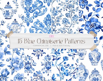 Chinoiserie Floral Seamless Patterns, Blue Toile du Jouy Digital Paper Pack, Commercial Use, Repeating File, Ginger Jar, Damask, JPG