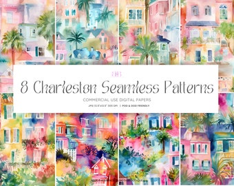 Charleston SC Print Watercolor Seamless Pattern for Fabric, Rainbow Row South Carolina Commercial Use Digital Paper Pack, Repeating Pattern