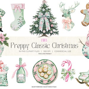Roze en groene chinoiserie-coquette kerst clipart, toile kerstsublimatie, grandmillenial illustraties, notenkrakersublimatie, kerstmuts