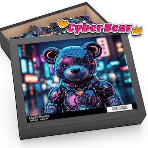 Cyberpunk Robotic Teddy Bear Puzzle Neon City Futuristic Art Jigsaw (120, 252, 500-Piece)