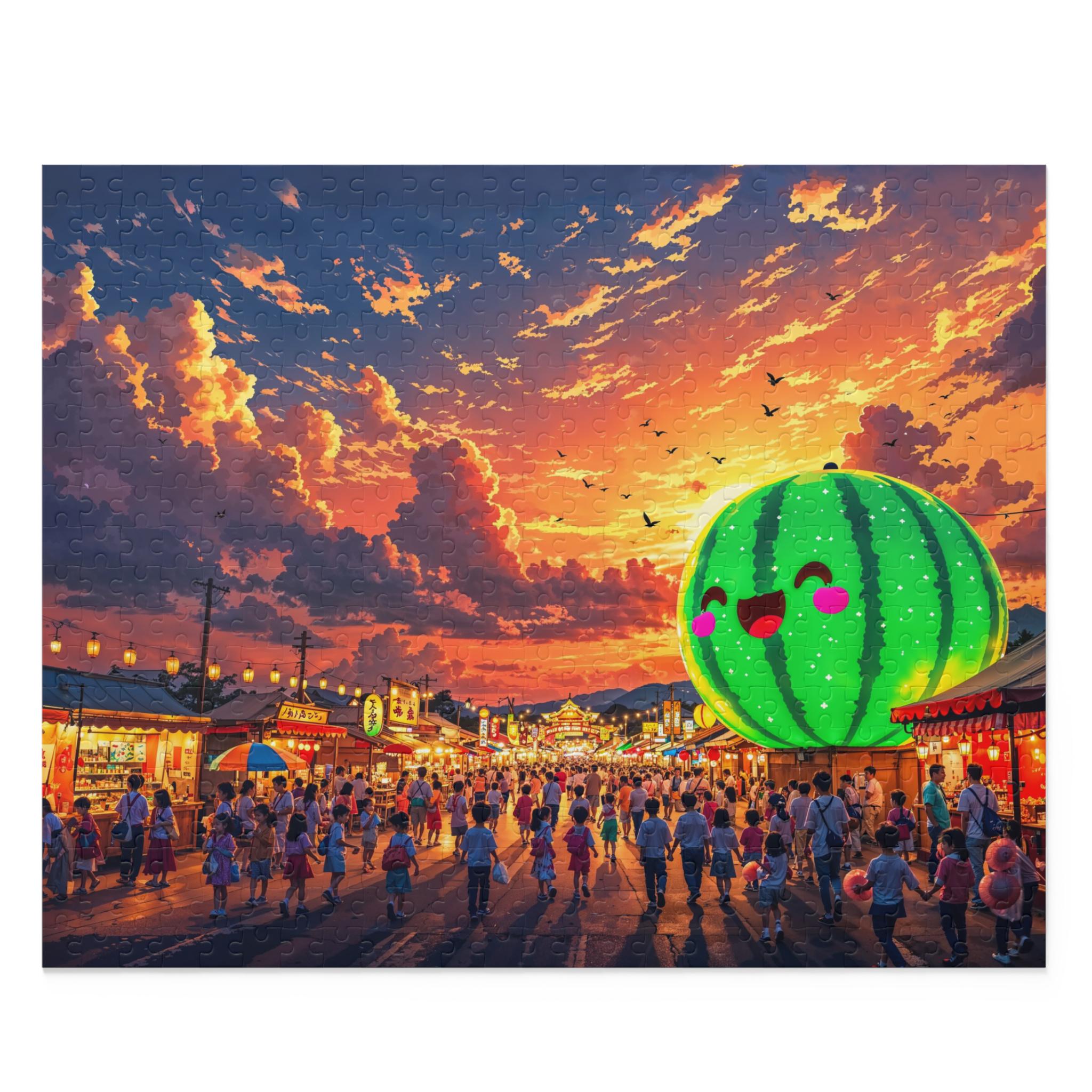 Scenic Japanese Summer Festival Puzzle with Watermelon Float and