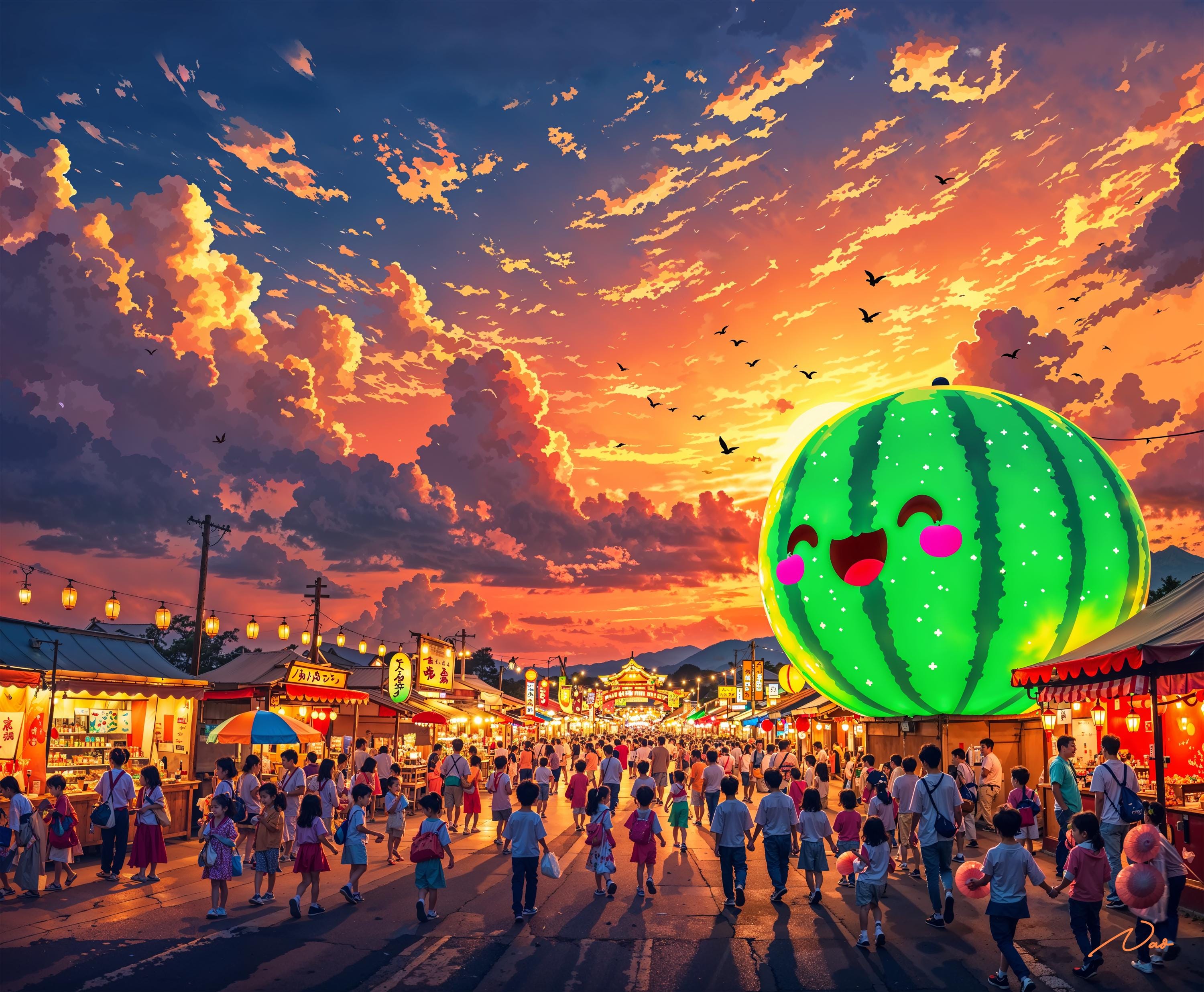 Scenic Japanese Summer Festival Puzzle with Watermelon Float and