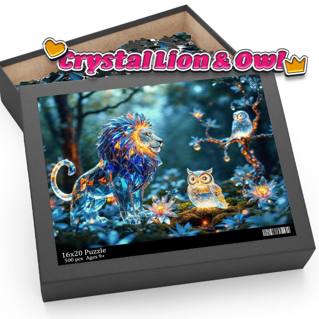 Crystal Lion and Glowing Owl Jigsaw Puzzle - Enchanted Fantasy Scene with Luminous Flowers Puzzle (1