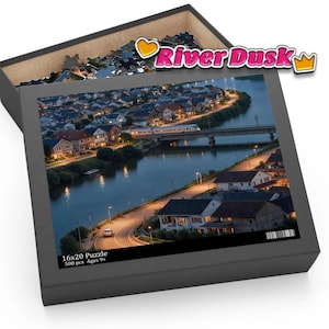 Dusk Over a River Town Puzzle - Scenic Bridge and Illuminated Lights Puzzle (120, 252, 500-Piece)