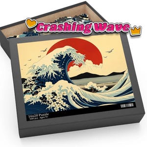 Japanese Wave Art Puzzle - Crashing Waves, Red Sun, and Birds Puzzle (120, 252, 500-Piece)