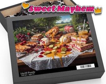 May include: A 16x20 inch puzzle box with a vibrant image of a picnic scene. The image features a table laden with food, including pie, sandwiches, ice cream, and cherries. The puzzle has 500 pieces and is for ages 9+.