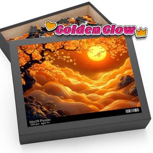 Serene Japanese Textile Puzzle with Cherry Blossoms and Waves - Detailed Gold and Orange Glow Design Puzzle Puzzle (120, 252, 500-Piece)