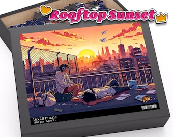 May include: A 16x20 inch, 500-piece jigsaw puzzle featuring an anime-style rooftop scene at sunset. The image shows two figures on a rooftop overlooking a city skyline, with the text "Rooftop Sunset" at the top.