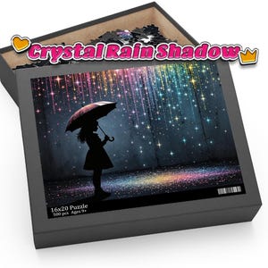 May include: A 16x20 inch, 500-piece jigsaw puzzle featuring a silhouette of a person holding an umbrella in the rain. The image has a colorful, sparkling rain effect with the text "Crystal Rain Shadow". Ages 9+.