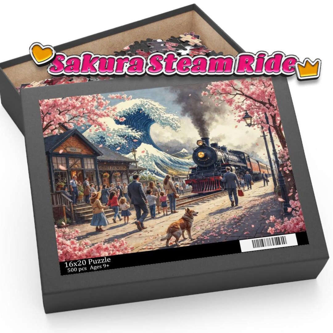 Steam Train Puzzle With Cherry Blossoms and Great Wave at Japanese ...