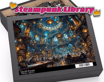 Op de afbeelding: Een puzzelbox met de titel "Steampunk Library" en een gedetailleerde illustratie van een steampunk-bibliotheekinterieur. De puzzel bevat 500 stukjes en meet 16x20 inch (40.6 x 50.8 cm). Voor kinderen vanaf 9 jaar.