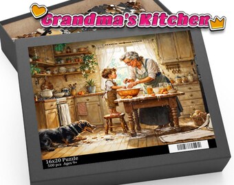 May include: A 16x20 inch puzzle box featuring a watercolor illustration of a kitchen scene. The image shows a woman and child baking, with a dog nearby. The box is black with the words "Grandma's Kitchen" on top.