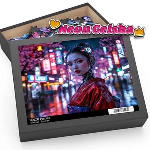 以下が含まれることがあります： 「Neon Geisha」のタイトルと、赤い着物を着た女性がネオンで照らされた日本の街並みにいる画像が描かれた16x20インチのパズルボックス。ボックスには500個のピースが入っており、9歳以上向けです。