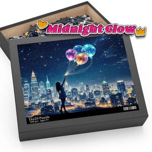 Midnight Glow - Fantasy Puzzle of Girl with Balloons and City Lights Puzzle (120, 252, 500-Piece)