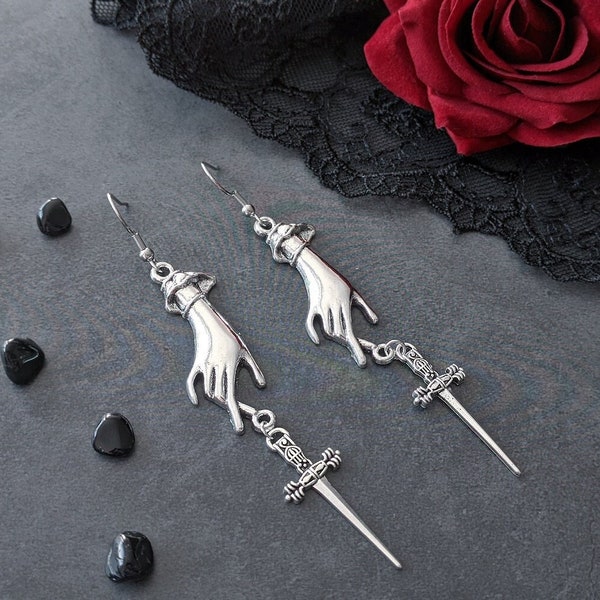 Silvery gothic goth witch hand knife sword alt earrings dangling - witchy vibes occult mysterious wicca jewelry nugoth dark academia fashion