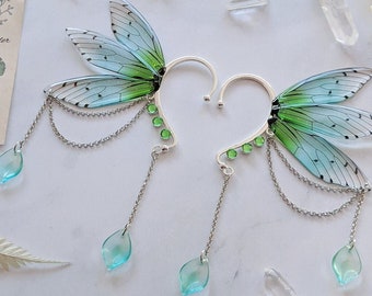NEW VERSION: Magical fairy wing ear cuffs butterfly earrings green silvery (no piercing) - handmade fantasy jewelry cosplay fairycore