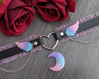 Pastel goth leather choker Midnight Moon yamikawaii purple black pink w. frills moon & wings - alt fashion cosplay dualkawaii jewelry