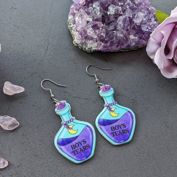 Boy's tears magic pot graphic earrings with moon - pastel goth jewelry cute witch accessory yamikawaii style