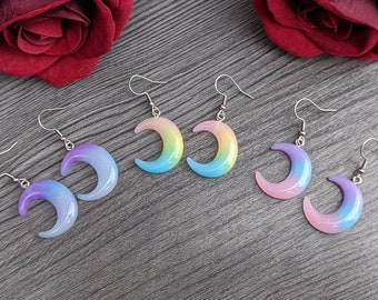 Pastel goth resin moon earrings blue purple rainbow - yumekawaii egirl eboy aesthetic cosplay cute fashion