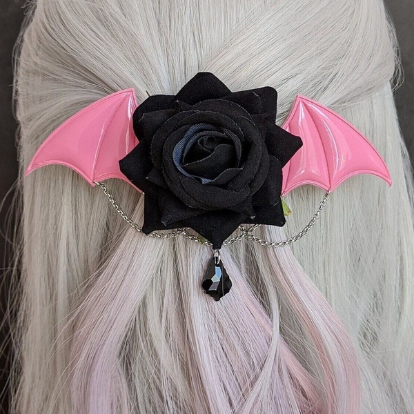 Pastel goth cute lolita fashion hair pin black & pink rose and wings - yumekawaii pastel academia aesthetic dual kawaii hime lolita