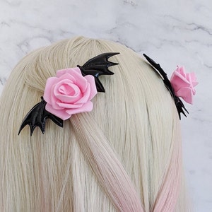 Pastel goth dual kawaii hair pins black bat wings pink rose cute yamikawaii fashion accessory - pastel academia vampire cosplay soft gothic