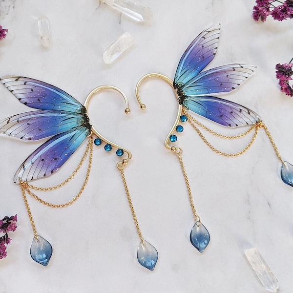 Magical fairy wing ear cuff butterfly earrings golden frame blue (piercing free) fantasy wedding elf fae cosplay larp cottagecore