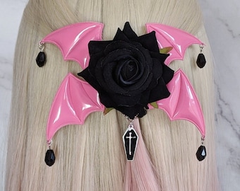 Pastel goth Haarspange pinke Feldermaus Flügel schwarze Samt Rose - Lolita Fashion Haarclip creepycute dual kawaii Accessoire Cosplay