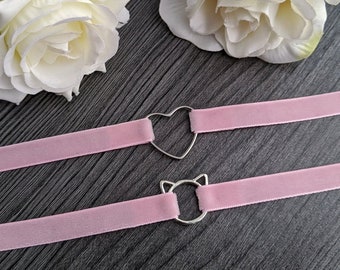 Kawaii mode pastel goth cosplay roze fluwelen choker met Kitty/hart charme yumekawaii zoete lolita egirl eboy jirai kei maat verstelbaar