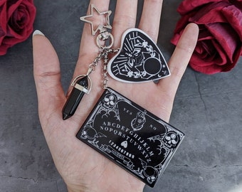 Gothic black and white keychain ouija board planchette crystal bag charm - witchy accessory dark academia fashion alternative