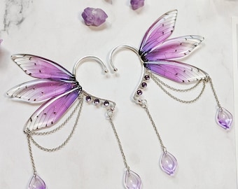 Magical fantasy jewelry fairy wing ear cuffs butterfly cicada earrings silvery purple (no piercing) - fairycore cottagecore cosplay larp