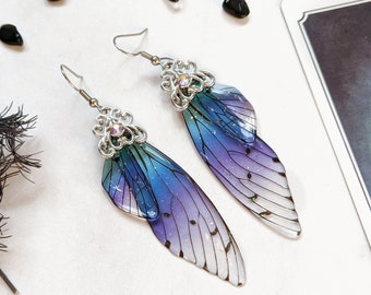 Fantasy wing earrings blue with glitter - magical fairycore jewelry cottagecore accessory butterfly nature fairy cosplay morikei fashion