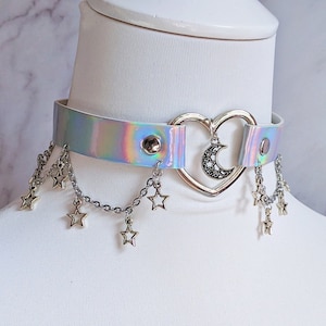 Pastel goth holographic choker necklace w. silvery stars and moon - fairykei cosplay egirl eboy reflective jewerly unicorncore yumekawaii